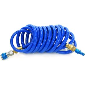 Steelman 25-Foot 3/8-Inch ID Coiled Air Hose with Reusable 1/4-Inch NPT Brass Fittings, Kink Resistant Polyurethane Tubing, Abrasion Resistant