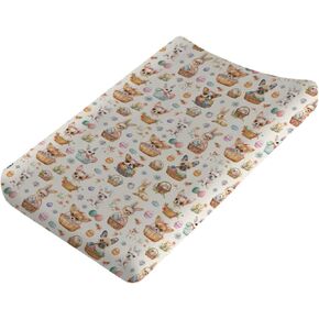 Easter Eggs Baby Changing Pad Covers,Dogs and Floral Unisex Fitted Changing Pad Cover for Boys Girls,Comfortable Breathable Changing Table Cover,Polyester Easy Care Diaper Changing Pad Table Sheets