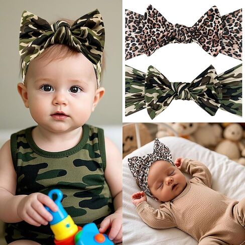 LemonSpce Handmade Baby Head wrap with Bows Stretchy Soft Infant Comfortable Baby Bow for Newborn girls and boys,Toddler-Leopard Camo Printed Hair Accessories in Saudi Arabia