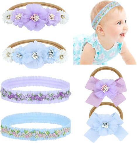 Dizila 6 Pieces Super Soft Stretchy Green Khaki White Baby Girl Nylon Bow Flower Headbands Floral Lace Headbands Hair Accessories for Newborns Infants Toddlers Girls Kids in Saudi Arabia