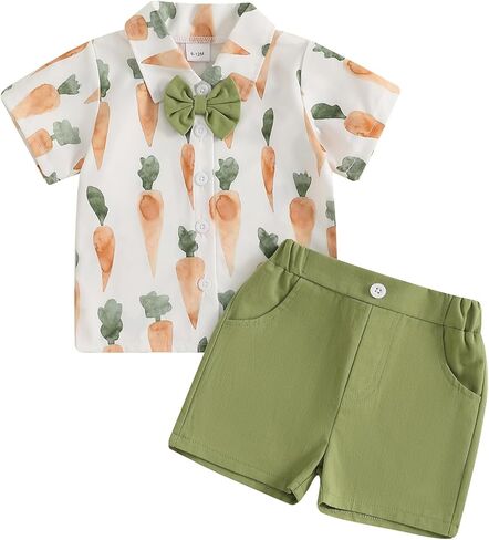 Baby Boy Easter Clothes Short Sleeve Carrot/Bunny Print Button Down Shirt Bermuda Shorts Kids Gentleman Outfit in Saudi Arabia