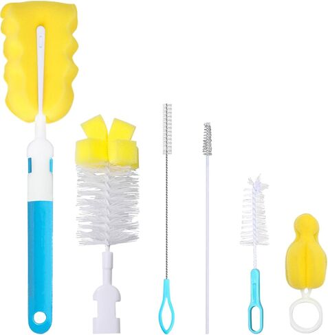 Baby Bottle Cleaning Brush 6-Piece Set Detachable Sponge Bottle Brush, Nylon Milk Bottle Brush, 2PCS Nipple Brush, 2PCS Straw Brush (Blue) in Saudi Arabia