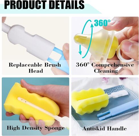 Baby Bottle Cleaning Brush 6-Piece Set Detachable Sponge Bottle Brush, Nylon Milk Bottle Brush, 2PCS Nipple Brush, 2PCS Straw Brush (Blue) in Saudi Arabia