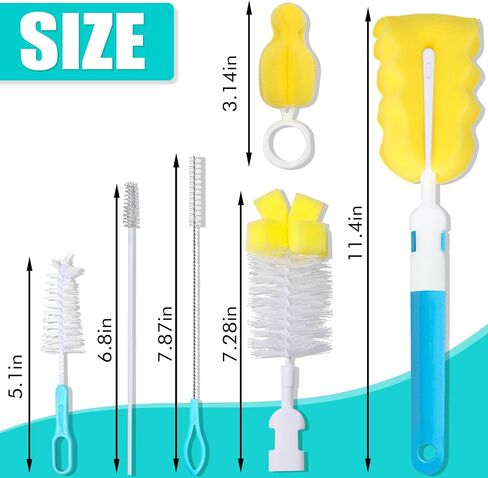 Baby Bottle Cleaning Brush 6-Piece Set Detachable Sponge Bottle Brush, Nylon Milk Bottle Brush, 2PCS Nipple Brush, 2PCS Straw Brush (Blue) in Saudi Arabia