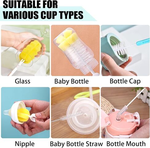Baby Bottle Cleaning Brush 6-Piece Set Detachable Sponge Bottle Brush, Nylon Milk Bottle Brush, 2PCS Nipple Brush, 2PCS Straw Brush (Blue) in Saudi Arabia