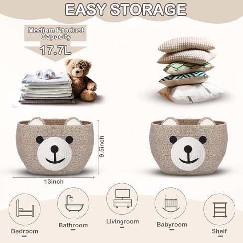 Zopeal Bear Basket 13" D x 9.5" H for Nursery Cotton Rope Basket Hamper for Baby Shower Nursery Cute Storage Basket with Handles Decorative Woven Basket for Laundry Bathroom Home in Saudi Arabia