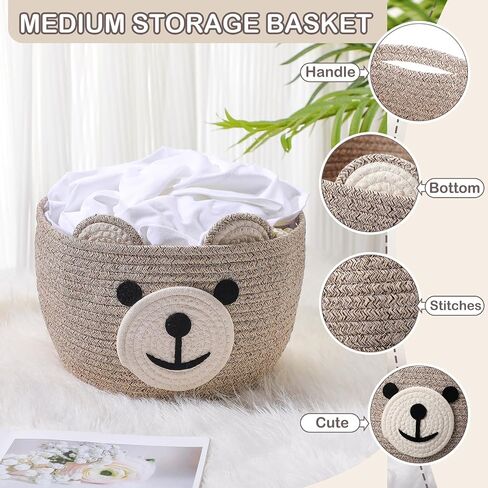 Zopeal Bear Basket 13" D x 9.5" H for Nursery Cotton Rope Basket Hamper for Baby Shower Nursery Cute Storage Basket with Handles Decorative Woven Basket for Laundry Bathroom Home in Saudi Arabia