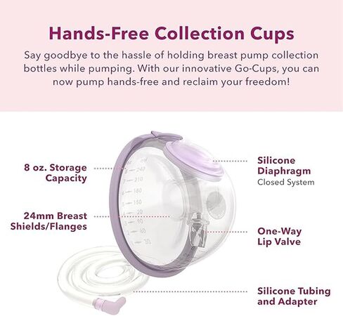 Go-Cups Wearable Hands-Free Collection Cups, 8oz Large Capacity, 4 Easy to Clean Parts - Include 21mm Inserts, Compatible with Most Electric Breast Pumps, (1 Box of 2 Cups) in Saudi Arabia