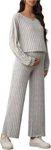 SweatyRocks Women's 2 Piece Maternity Outfits Ribbed Long Sleeve Tops and Pants Pregnancy Sets in Saudi Arabia