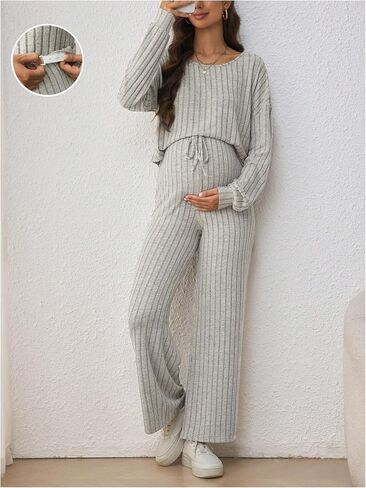 SweatyRocks Women's 2 Piece Maternity Outfits Ribbed Long Sleeve Tops and Pants Pregnancy Sets in Saudi Arabia