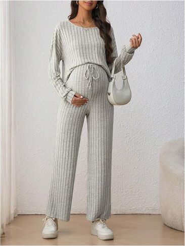 SweatyRocks Women's 2 Piece Maternity Outfits Ribbed Long Sleeve Tops and Pants Pregnancy Sets in Saudi Arabia