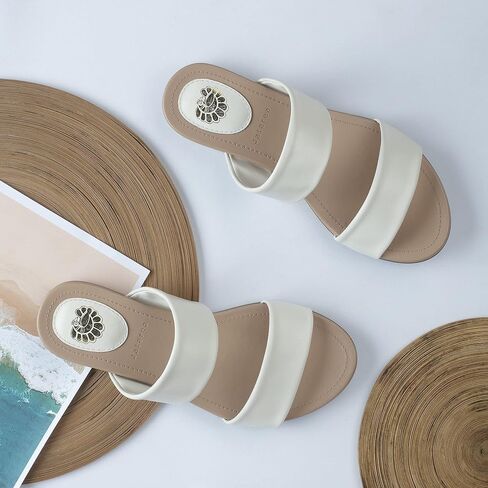 JATAREA Slip-On Flat Leather Slides for Women | Two Strap Open Toe Beach Sandals - BOJRA & ABANTI in Saudi Arabia