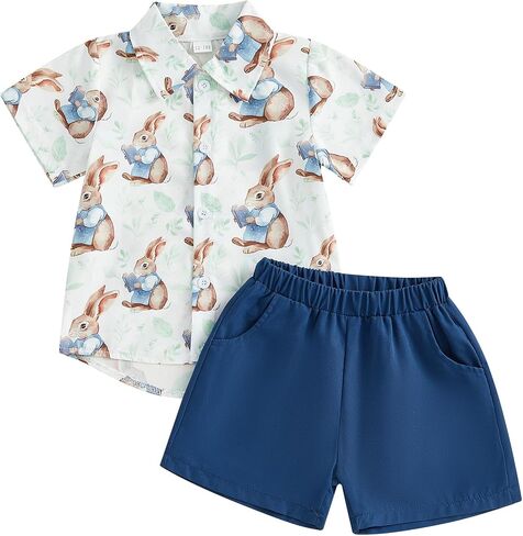 Karuedoo Toddler Baby Boy Easter Outfits Bunny Print Button Down Short Sleeve Shirt and Shorts Set Gentleman Suits in Saudi Arabia