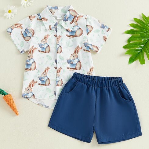 Karuedoo Toddler Baby Boy Easter Outfits Bunny Print Button Down Short Sleeve Shirt and Shorts Set Gentleman Suits in Saudi Arabia