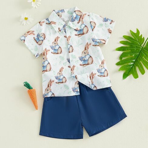 Karuedoo Toddler Baby Boy Easter Outfits Bunny Print Button Down Short Sleeve Shirt and Shorts Set Gentleman Suits in Saudi Arabia