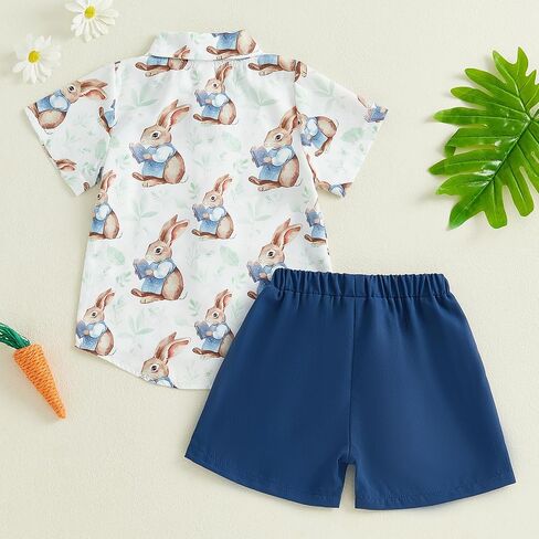 Karuedoo Toddler Baby Boy Easter Outfits Bunny Print Button Down Short Sleeve Shirt and Shorts Set Gentleman Suits in Saudi Arabia