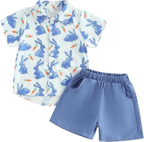 Karuedoo Toddler Baby Boy Easter Outfits Bunny Print Button Down Short Sleeve Shirt and Shorts Set Gentleman Suits in Saudi Arabia