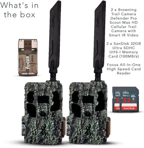 Browning Trail Camera Defender Pro Scout Max HD Cellular Trail Camera with Smart IR Video (2-Pack) Bundle with 32GB Ultra SDHC UHS-I Memory Card (2-Pack) and High Speed USB 2.0 Card Reader (3 Items) in Saudi Arabia