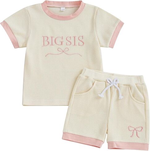 طفل طفل طفل الملابس الصيفية ليل SIS/Big Sis تطريز تي شيرت القوس شورت 2pcs أخت مطابقة الملابس in Kuwait