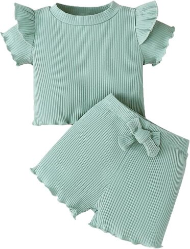 Toddler Girl Clothes Flutter Sleeve Baby Girls Summer Outfits T-Shirts - Cotton Ruffle Top & Shorts Set 6M - 3T in Kuwait