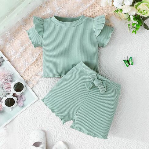Toddler Girl Clothes Flutter Sleeve Baby Girls Summer Outfits T-Shirts - Cotton Ruffle Top & Shorts Set 6M - 3T in Kuwait