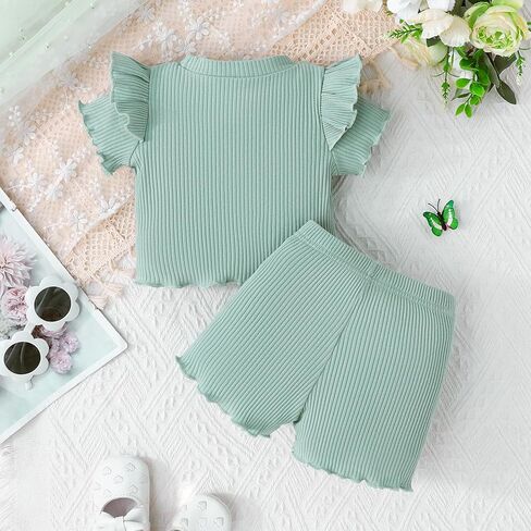 Toddler Girl Clothes Flutter Sleeve Baby Girls Summer Outfits T-Shirts - Cotton Ruffle Top & Shorts Set 6M - 3T in Kuwait