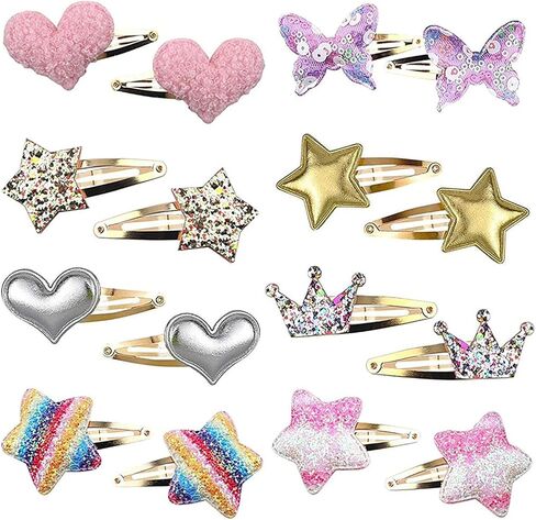 8 Pairs Shiny Hair Clips Metal Snap Barrettes for Girls Star, Heart, Crown, Butterfly Shaped Hair Accessories (A) in Saudi Arabia