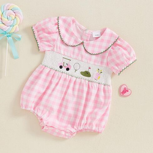 Newborn Baby Girl Golf Outfit Plaid Golf Cart Embroidery Bubble Romper Infant Baby Summer Clothes in Kuwait
