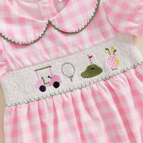 Newborn Baby Girl Golf Outfit Plaid Golf Cart Embroidery Bubble Romper Infant Baby Summer Clothes in Kuwait