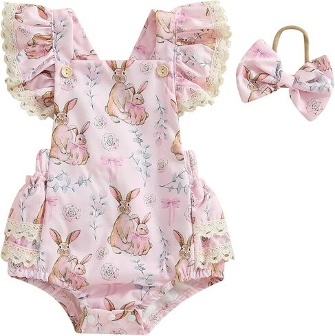 Infant Baby Girls Easter Outfits Flower Bunny Print Lace Trim Flying Sleeve Romper + Bow Headband Easter Jumpsuit in Saudi Arabia