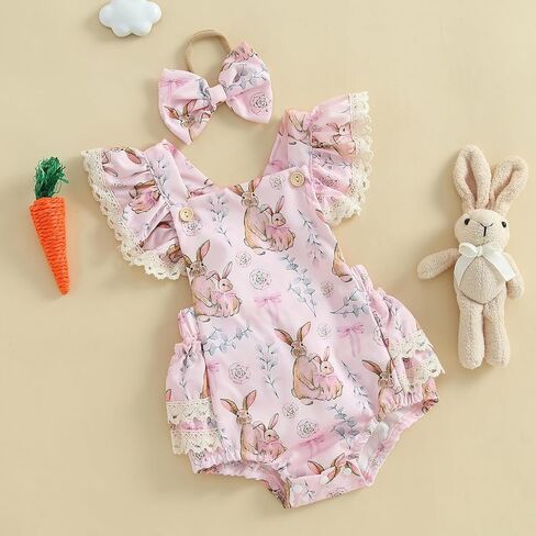 Infant Baby Girls Easter Outfits Flower Bunny Print Lace Trim Flying Sleeve Romper + Bow Headband Easter Jumpsuit in Saudi Arabia