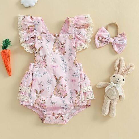 Infant Baby Girls Easter Outfits Flower Bunny Print Lace Trim Flying Sleeve Romper + Bow Headband Easter Jumpsuit in Saudi Arabia