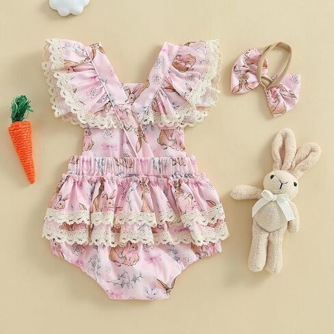 Infant Baby Girls Easter Outfits Flower Bunny Print Lace Trim Flying Sleeve Romper + Bow Headband Easter Jumpsuit in Saudi Arabia