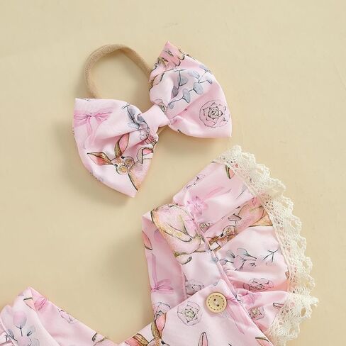 Infant Baby Girls Easter Outfits Flower Bunny Print Lace Trim Flying Sleeve Romper + Bow Headband Easter Jumpsuit in Saudi Arabia