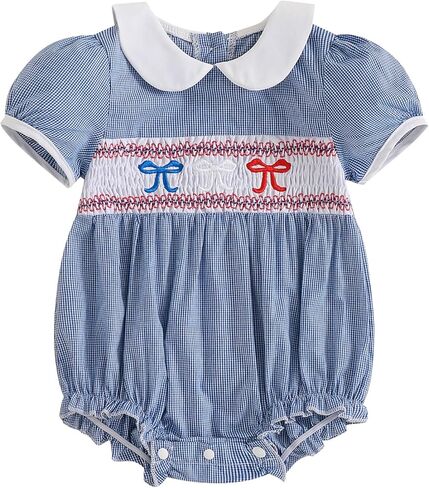 Baby Girl 4th Of July Outfit Newborn Smocked Bubble Romper Peter Pan Collar Bodysuit My First Fourth Of July Clothes in Kuwait