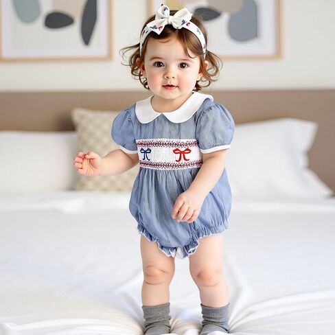 Baby Girl 4th Of July Outfit Newborn Smocked Bubble Romper Peter Pan Collar Bodysuit My First Fourth Of July Clothes in Kuwait