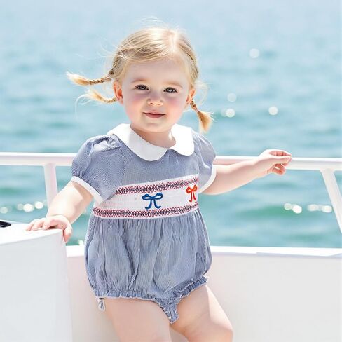 Baby Girl 4th Of July Outfit Newborn Smocked Bubble Romper Peter Pan Collar Bodysuit My First Fourth Of July Clothes in Kuwait