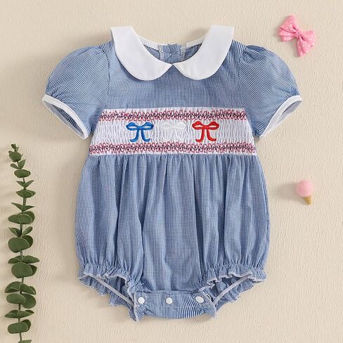 Baby Girl 4th Of July Outfit Newborn Smocked Bubble Romper Peter Pan Collar Bodysuit My First Fourth Of July Clothes in Kuwait