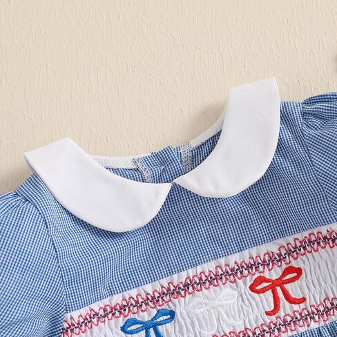 Baby Girl 4th Of July Outfit Newborn Smocked Bubble Romper Peter Pan Collar Bodysuit My First Fourth Of July Clothes in Kuwait