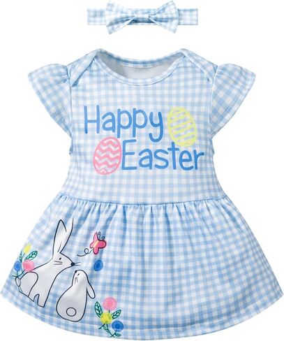 LATOBREATH Baby Girl Happy Easter Day Bunny Outfit Short Sleeve Romper Rabbit Skirt Overall Dress Headband in Saudi Arabia