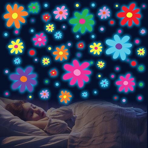 Glow in The Dark Big Daisy Wall Decals，Glowing Luminous Daisy Wall Stickers Colorful Removable self-Adhesive Boho Flower Decals for Girls Bedroom Kids Baby Nursery Living Room Decor in Kuwait