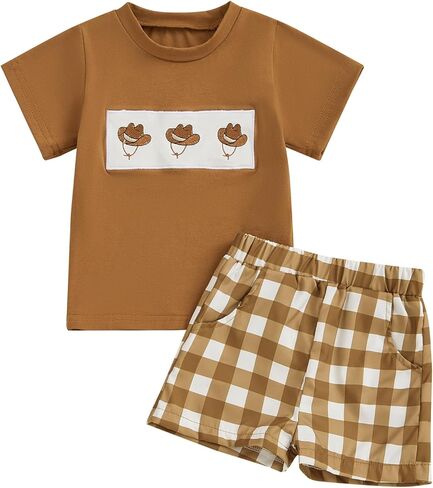 Toddler Baby Boys Western Outfits Embroidery Cow Short Sleeve T Shirt and Plaid Shorts Sets 2Pcs Summer Clothes Set in Kuwait