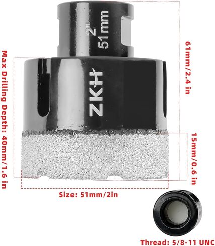 ZKH Diamond Core Drill Bits 2 Inch, Vacuum Brazed Hole Saw, Tile Drill Bits with 5/8-11 Thread, Apply for Porcelain Ceramic Marble Stone Glass Granite in Kuwait