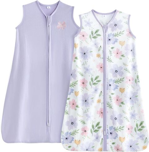 TILLYOU Sleep Sack 6-12 Months - 0.5 TOG Baby Wearable Blanket with 2-Way Zipper, Lightweight Cotton Summer Sleeping sack 2 Pack, Brilliant little flowers and purple in Saudi Arabia