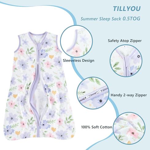 TILLYOU Sleep Sack 6-12 Months - 0.5 TOG Baby Wearable Blanket with 2-Way Zipper, Lightweight Cotton Summer Sleeping sack 2 Pack, Brilliant little flowers and purple in Saudi Arabia