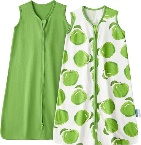 2 Pack Infant Sleep Sack 0-6 Months 100% Cotton Wearable Blanket 0.5 TOG Sleeveless Summer Sleep Sacks with 2-Way Zipper, Green Apple & Fruit Green in Saudi Arabia
