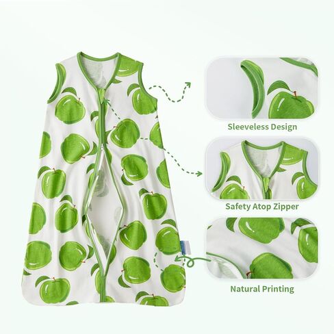 2 Pack Infant Sleep Sack 0-6 Months 100% Cotton Wearable Blanket 0.5 TOG Sleeveless Summer Sleep Sacks with 2-Way Zipper, Green Apple & Fruit Green in Saudi Arabia