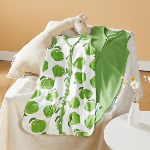 2 Pack Infant Sleep Sack 0-6 Months 100% Cotton Wearable Blanket 0.5 TOG Sleeveless Summer Sleep Sacks with 2-Way Zipper, Green Apple & Fruit Green in Saudi Arabia
