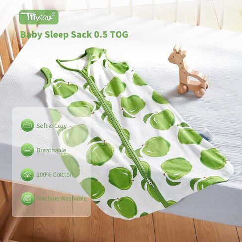 2 Pack Infant Sleep Sack 0-6 Months 100% Cotton Wearable Blanket 0.5 TOG Sleeveless Summer Sleep Sacks with 2-Way Zipper, Green Apple & Fruit Green in Saudi Arabia