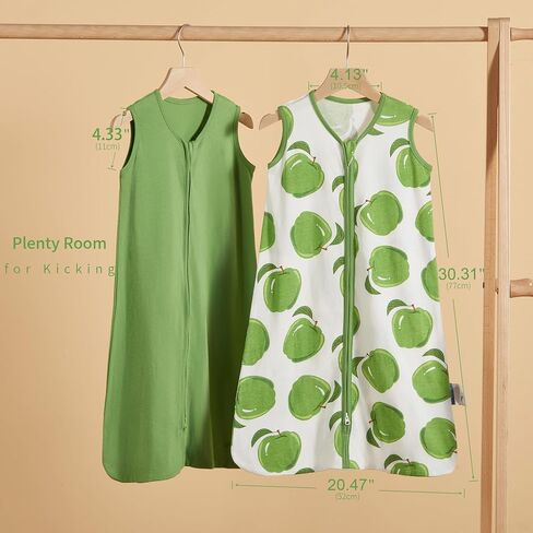 2 Pack Infant Sleep Sack 0-6 Months 100% Cotton Wearable Blanket 0.5 TOG Sleeveless Summer Sleep Sacks with 2-Way Zipper, Green Apple & Fruit Green in Saudi Arabia